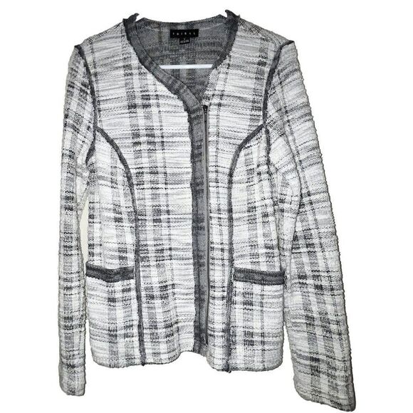 Tribal Jacket Women's Size Small Gray White Plaid Raw Edged Seam‎ Office Trendy - Picture 1 of 11